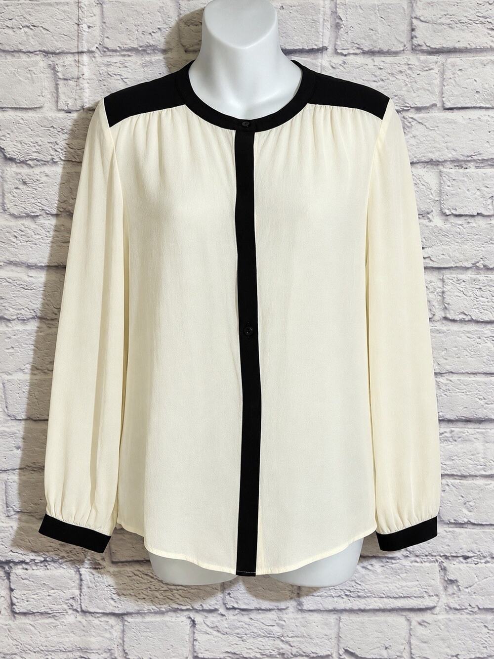 Ann Taylor Silk Blouse Womens S Ivory Black Colorblock Long Sleeve 100% Silk